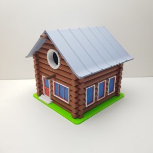 3d geprint vogelhuisje in de vorm van een blokhut